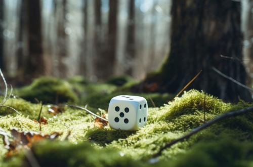 Een dobbelsteen ligt op een mosbed midden in het bos. 