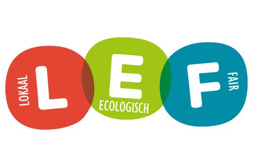 Een logo met de letters L E en F in kleurrijke (rood, groen en blauw) bollen