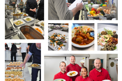 Een collage van foto's met chefs en plantaardig voedsel 