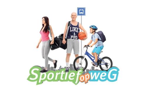 Een banner met wandelaars en fietsers van 'Sportief op Weg' 
