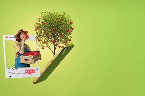 Een groen achtergrond met een Smartphone waarbij een vrouw uit het scherm komt en een appel eet van een appelboom.