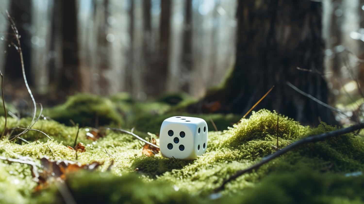 Een dobbelsteen ligt op een mosbed midden in het bos. 