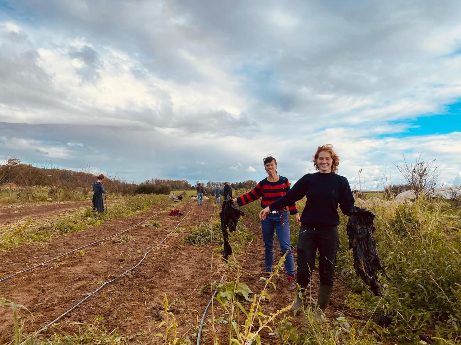 Twee vrouwen staan in een landbouw veld