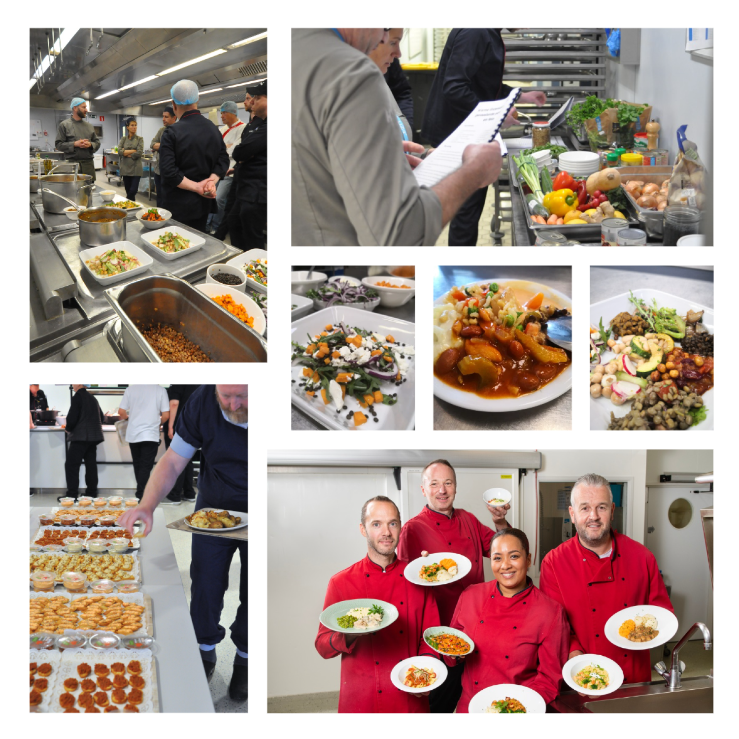 Een collage van foto's met chefs en plantaardig voedsel 