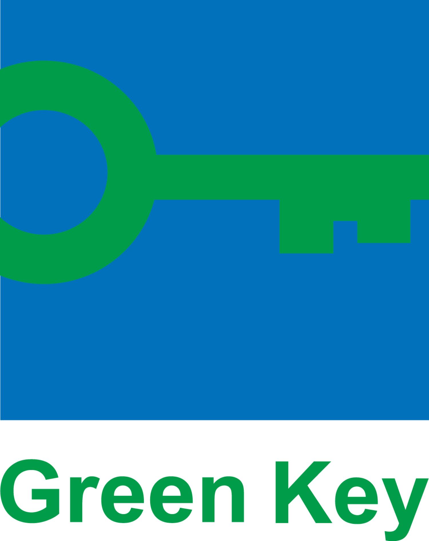 Een tekening van een groene sleutel met een blauwe achtergrond.