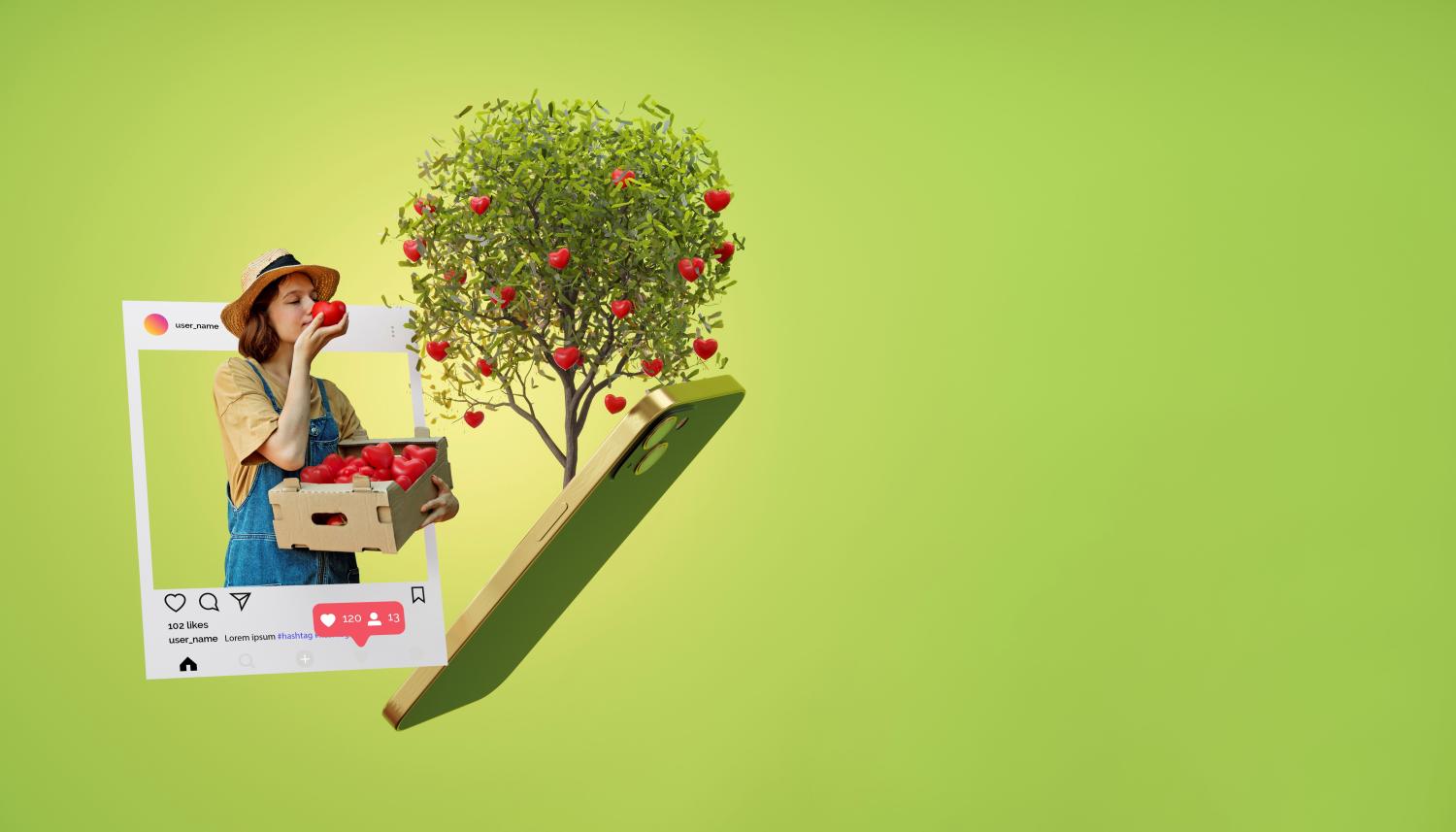 Een groen achtergrond met een Smartphone waarbij een vrouw uit het scherm komt en een appel eet van een appelboom.