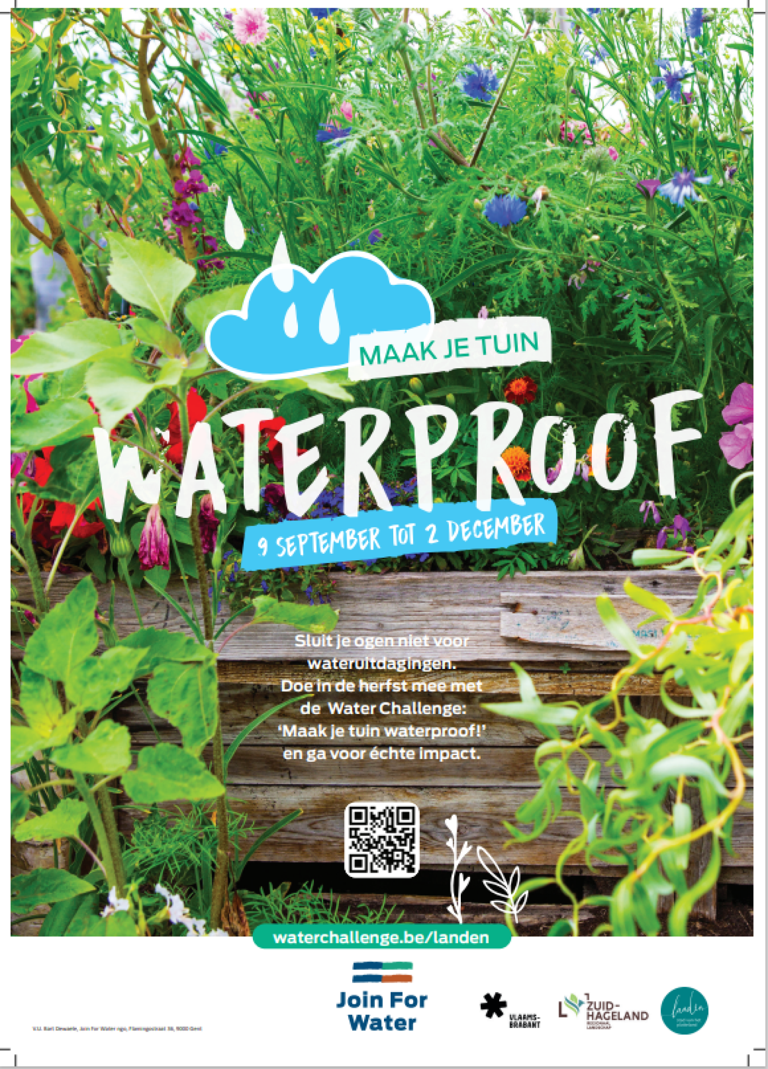 Een weelderige tuin met het opschrift 'waterproof' 